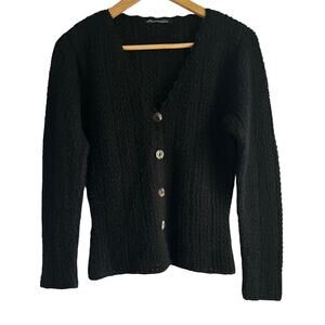 Caamaño Women’s Size Small 100% Alpaca Black Scalloped Neck‎ Cardigan Sweater